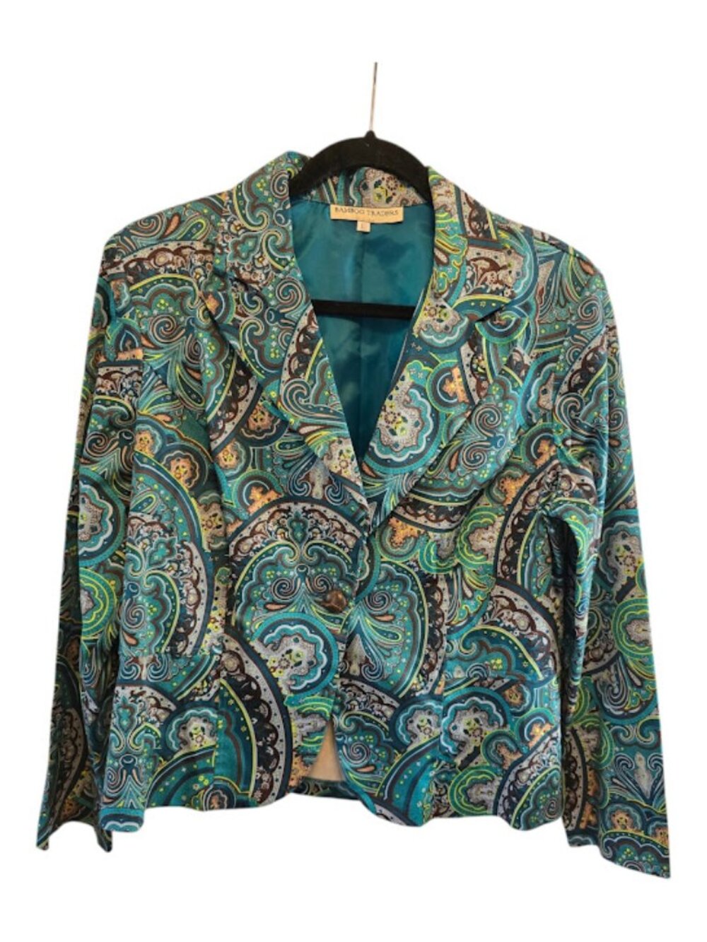 PAISLEY JACKET BLAZER BAMBOO TRADERS SIZE LARGE TEAL CREAM TAN  SIZE LARGE